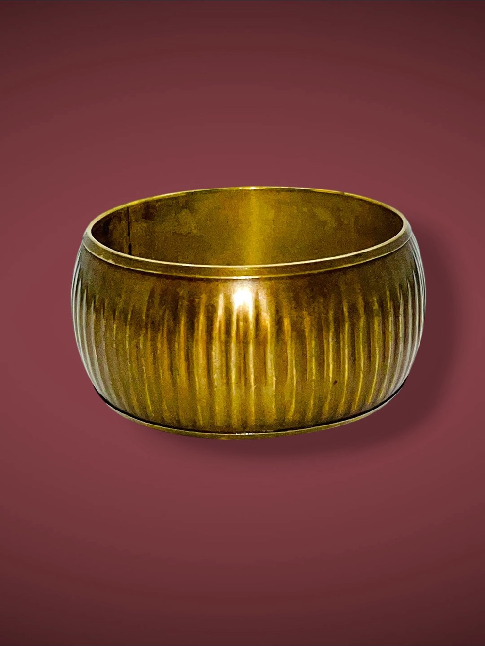Vintage Brass Ribbed Bangle Bracelet Bold Statement Wide Chunky Boho Estate